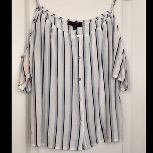 White and blue striped cold shoulder top